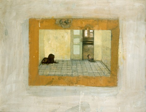 gregory gillespie, Dog and Doll in a Room, 1981, mixed media, 25 x 31 inches