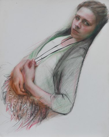 steven assael, Nicole with Feathered Purse, 2009, colored crayon with graphite on paper, 14 x 11 1/2 inches