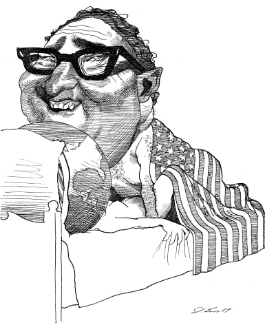 David Levine, Henry Kissinger F**ing The World, 1984, ink on paper, 13 3/4 x 11 inches