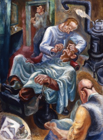 James H. Daugherty, Getting Shaved, c. 1927, oil on canvas, 38 1/2 x 27 1/2 inches