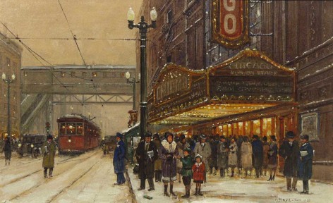 Otis Kaye, Chicago Street in Winter, 1928, gouache on paper, 6 1/4 x 9 3/4 inches