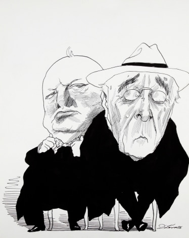 David Levine, FDR &amp; Churchill, 1986, ink on paper, 13 1/2 x 11 inches