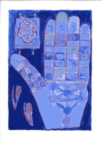 mark podwal, Omer Calendar Hamsa (SOLD), 2011, acrylic, gouache and colored pencil on paper, 16 x 12 inches