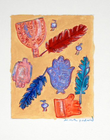 Mark Podwal, Amulets and Angel Feathers (SOLD), 2008, acrylic, gouache &amp; colored pencil on paper, 7 1/2 x 5 3/4 inches