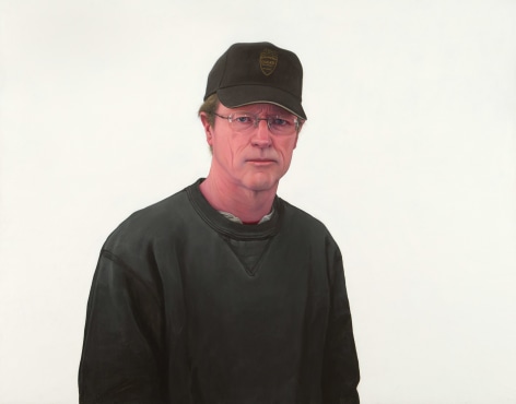 William Beckman, Black on White Self-Portrait (Ducati Cap), 2004, oil on panel, 38 1/2 x 49 1/4  x 3 inches, Collection of Rob and Marcie Orley, Franklin, MI