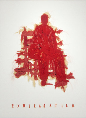 Lesley Dill, Homage to Frida Kahlo (Red Frida), 2004, ink on paper, cotton, silk, polyester, fabric, horsehair, thread, 42 x 30 inches