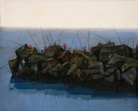 Joseph Hirsch, Breakwater, ND, oil on canvas, 10 1/2 x 12 3/4 inches