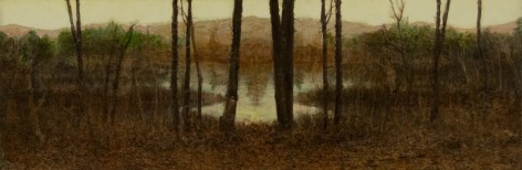 Gregory Gillespie Trees and Pond, c. 1997 oil on wood 10 5/8 x 31 3/8 inches
