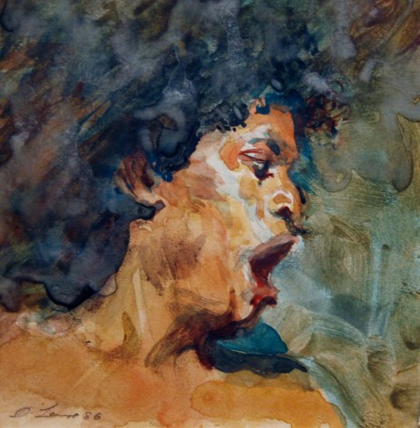 David Levine, Yawn, 1986, watercolor on paper, 5 5/8 x 5 1/4 inches