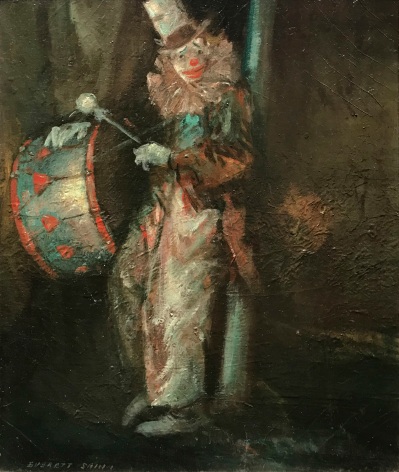 Everett Shinn, Clown with Drum, c. 1940, oil on board, 11 3/4 x 10 3/4 inches