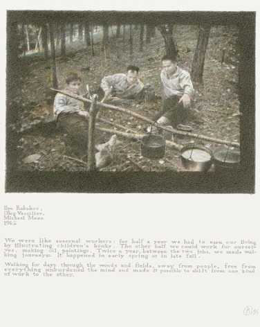 Oleg Vassiliev, Kabakov, Vassiliev, Mezeninov by a Campfire 1962, 1996, graphite and colored pencil on paper, 15 x 11 1/4 inches