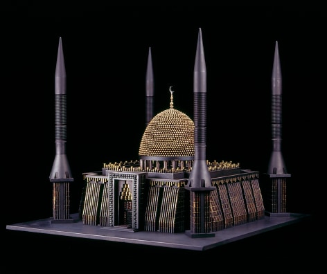 Al Farrow, Mosque III (after National Mosque of Nigeria), 2010, tan killer missiles, bullets, brass, steel, trigger, 25 x 29 x 31 inches