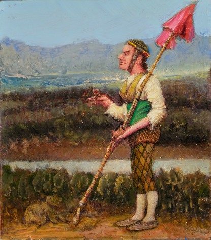 gregory gillespie, Warrior (late version), 2000, oil on panel, 8 5/8 x 9 3/4 inches