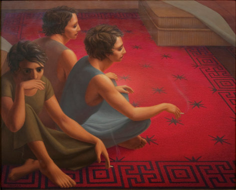 George Tooker, The Red Carpet, 1953, egg tempera on gessoed panel, 16 x 20 1/4 inches
