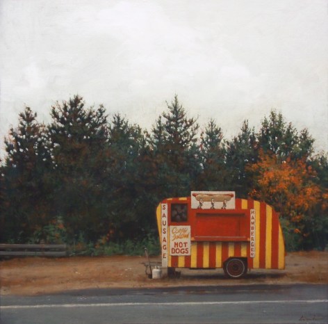 Linden Frederick, Hot Dogs (SOLD), 2007, oil on canvas board, 12 1/4 x 12 1/8 inches