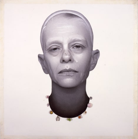Susan Hauptman, Self Portrait (with charms), 2008, charcoal, charms, encaustic on paper, 25 x 24 inches