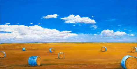William Beckman Straw Bales with Northern Sky, 2023 oil on panel 11 5/8 x 23 inches