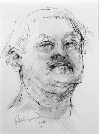 Philip Evergood, Self-portrait of the Artist at Age 60, 1962, pen and black ink, brush and gray wash on paper, 11 x 8 inches