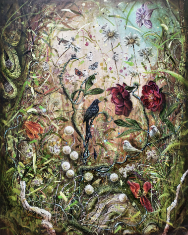 &quot;There is more to the story...&quot;, 2021, oil, gold leaf, ink and cold wax on marble plastered jute wrapped panel, 40 x 32 inches