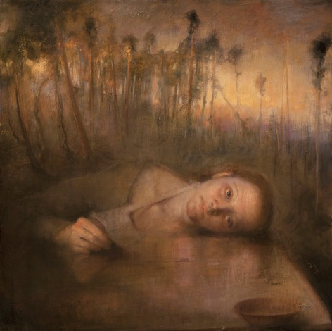 odd nerdrum, Sandra by the Stone Table, oil on canvas, 31 1/3 x 31 1/3 inches