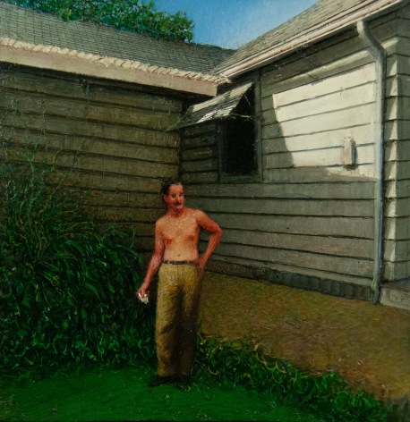 Gregory Gillespie Self-Portrait in Backyard, 1999 oil on wood 11 x 10 5/8 inches