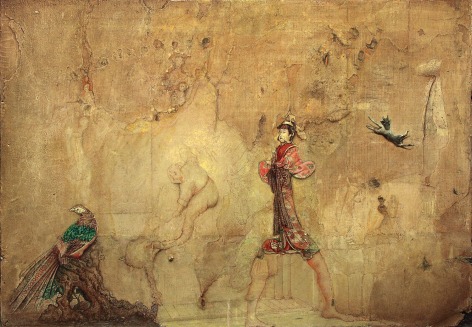 gregory gillespie,  Bird, Man, Japanese Figure and Mad Dog, 1983, oil on wallboard, 24 x 33 1/2 inches