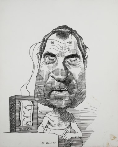 David Levine, Nixon &amp; Lie Detector, 1973, ink on paper, 13 3/4 x 11 inches