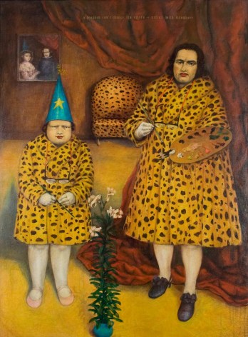 Kathleen Jesse, A Leopard Can't Change Its Spots - Artist with Daughter, 1994, oil on canvas on panel, 59 1/2 x 42 3/4 inches