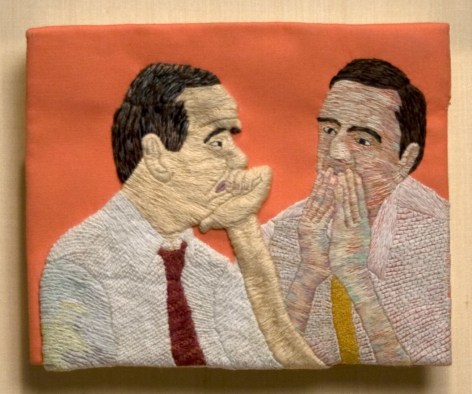 Darrel Morris, Office Gossip, 1995, embroidery and applique, 5 1/4 x 6 1/2 inches