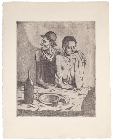 Pablo Picasso Le Repas frugal, 1904 (September, Paris) etching and scraper printed on Van Gelder Zonen wove paper with Van Gelder Zonen watermark  18 1/4 x 14 3/4 inches (image) 25 3/4 x 19 7/8 inches (sheet) Edition of 250, of the second (final) state, from the Suite des Saltimbanques