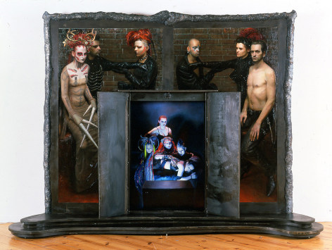 Steven Assael At Mother, 2001, oil, wood panel, canvas &amp; steel,  110 x 156 x 42 inches