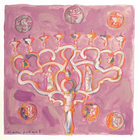 Mark Podwal, Hanukkah Coins and Renaissance Coins (SOLD), 2008, acrylic, gouache and colored pencil on paper, 12 x 12 inches