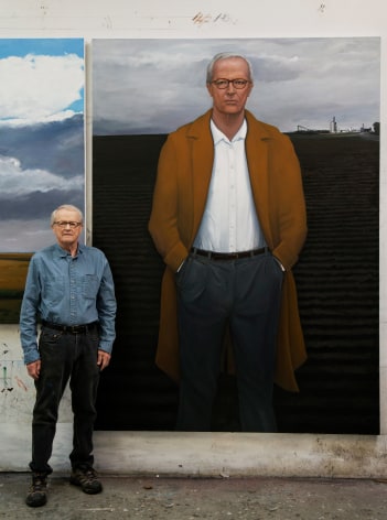 William Beckman with Overcoat with Plowed Field, 2018-19, oil on canvas, 100 x 73 inches