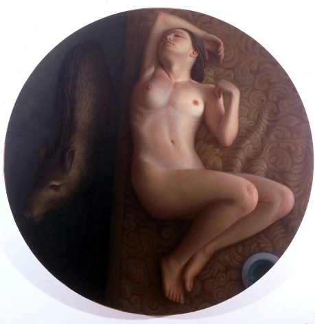 wade schuman, Woman with Pig (SOLD), 2001, oil on linen, 48&amp;quot; diameter