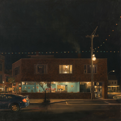 linden frederick, Takeout (SOLD), 2016, oil on linen, 36 x 36 inches, this painting inspired the short story, Takeout, by Tess Gerritsen