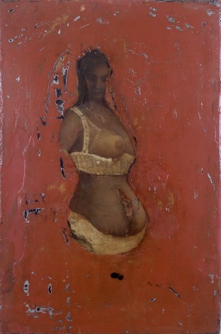 Gregory Gillespie, Woman on Red Background, 1967-8, oil on panel, 11 x 7 1/4 inches