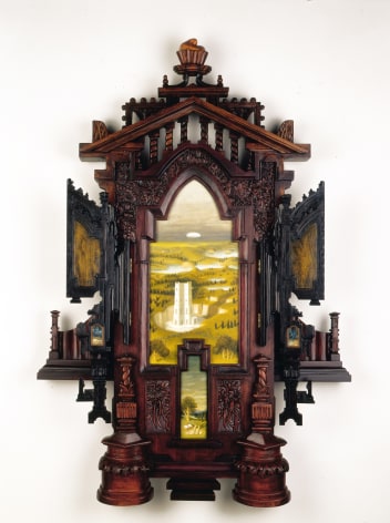 holly lane, In Preparation, She Cached A Guidebook Near the River of Oblivion, 2008, acrylic and carvedwood, 52 1/2 x 35 1/2 x 6 3/4 inches