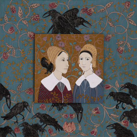 stephanie wilde, Sisters, 2015, ink, acrylic and gold leaf on museum board, 13 x 13 inches