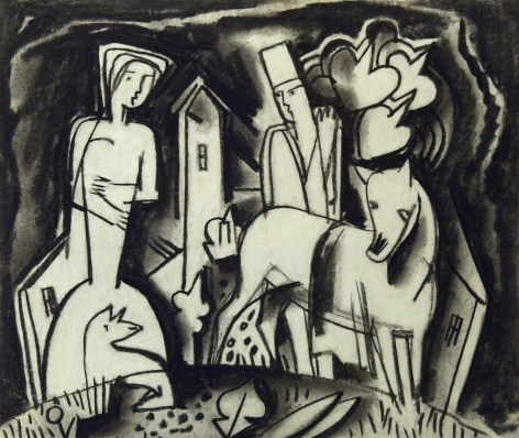 Bela K&aacute;d&aacute;r, Untitled (man behind horse, with woman), n.d., charcoal on paper, 6 7/8 x 8 1/8 inches