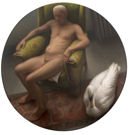 wade schuman, Man with Swan, 2001, oil on linen over panel, 48 inches diameter
