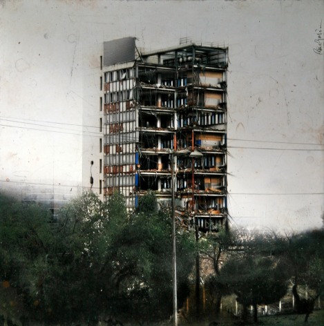 cesar galicia, Building in Ruins, 2011, mixed media on board with silicon carbide, 29 1/2 x 29 1/2 inches