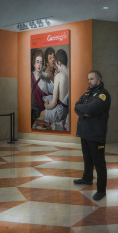 guillermo munoz vera, Caravaggio's Guardian Angel (El Angel Guardian de Caravaggio), 2017, oil on canvas mounted on panel, 72 x 36 5/8 inches