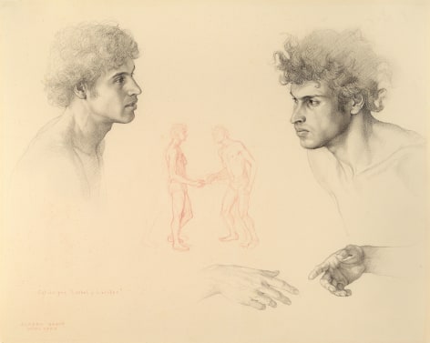 Claudio Bravo, Two Heads and Hands (Study for Luzbel and Lucifer), 1983, pencil on paper, 15 3/4 x 19 1/2 inches