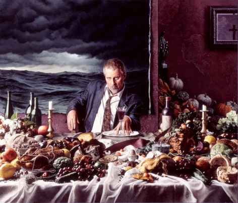 Kent Bellows, Self-Portrait with Wine Glass (Gluttony), (SOLD), 2000, acrylic on panel, 35 x 29 3/4 inches