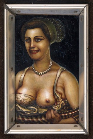 Gregory Gillespie, Lady with Jewels (also known as Woman with Beads), 1969, mixed media on panel, 6 x 3 1/2 inches