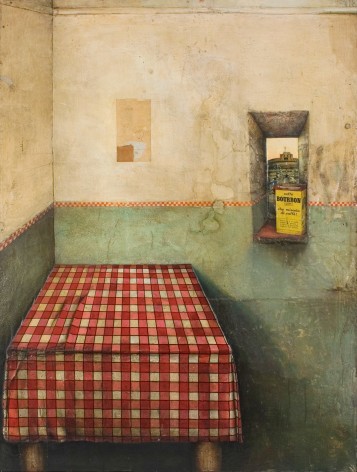 Gregory Gillespie, Roman Interior (Still Life), 1966-67, oil &amp; mixed media on wood, 43 3/4 x 32 3/4 inches