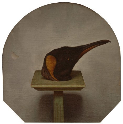 wade schuman, Penguin Head on a Pedestal, 1992, oil on linen on panel, 18 x 18 1/2 inches