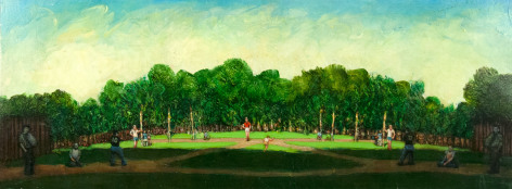 Gregory Gillespie, Lani's Game, 1999, oil on wood, 10 1/2 x 28 1/4 inches