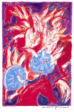 Mark Podwal, Elijah's Transformation into the Angel Metatron (SOLD), 2008, acrylic, gouache &amp; colored pencil on paper, 10 x 6 1/2 inches