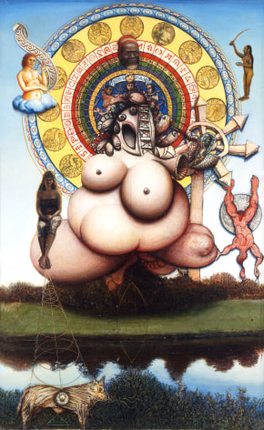 Gregory Gillespie, Wheel of Birth, 1983-90, oil on panel, 29 1/2 x 18 inches
